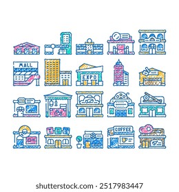 building construction exterior doodle icons set vector. sketch line art shopping and commercial center skyscraper, seafood sushi restaurant, cinema night club building line. coffee color illustrations