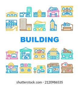 Building Construction Exterior Icons Set Vector. Shopping And Commercial Center Skyscraper, Seafood And Sushi Restaurant, Cinema And Night Club Building Line. Coffee Shop And Cafe Color Illustrations