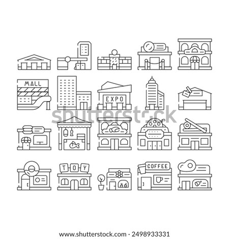 Building Construction Exterior Icons Set Vector. Shopping And Commercial Center Skyscraper, Seafood Sushi Restaurant, Cinema Night Club Building Line. Coffee Shop And Cafe Black Contour Illustrations