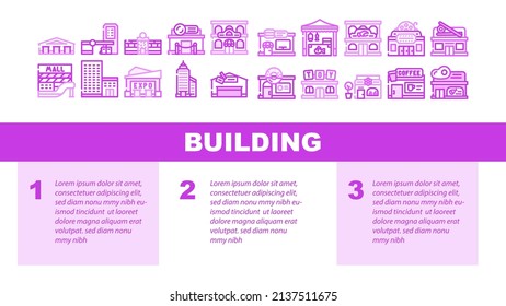 Building Construction Exterior Landing Web Page Header Banner Template Vector. Shopping And Commercial Center Skyscraper, Seafood Sushi Restaurant, Cinema Night Club Building Coffee Shop Illustration