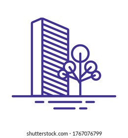 building construction facade with tree city line style icon vector illustration design