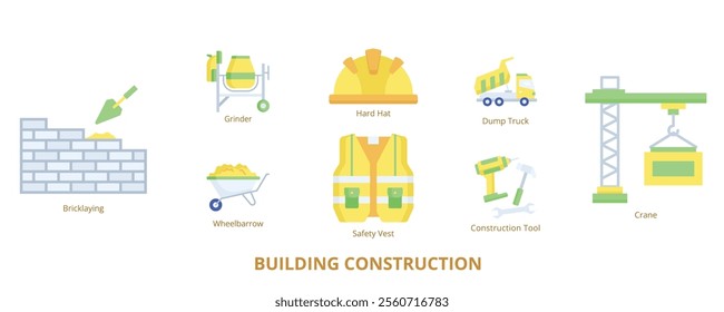 Building Construction Flat Banner Web Icon Set Vector Illustration