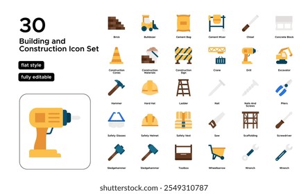 Construção e Construção Conjunto de Ícones Planos: Estruturas, Máquinas, Engenharia e Projetos de Construção Ícones