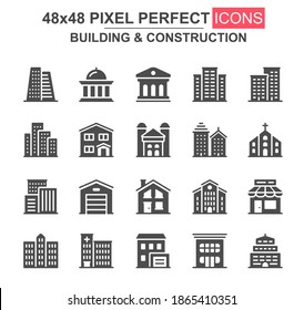 Building And Construction Glyph Icon Set. Church, Cafe, Museum, Office Center, Skyscraper, Clinic, Hotel Unique Icons. Flat Vector Bundle For UI UX Design. 48x48 Pixel Perfect GUI Pictograms Pack.