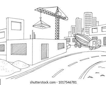 Building construction graphic black white city landscape sketch illustration vector