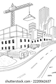 Building construction graphic black white city landscape vertical sketch illustration vector 