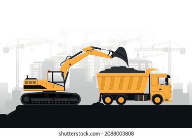 Building construction with heavy machinery, wheel excavator filling a truck on gray background