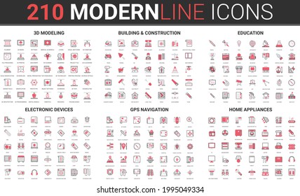 Building construction, home appliances electronic devices, gps navigation thin red black line icon vector illustration set. Outline professional 3d modeling engineering process, education technology