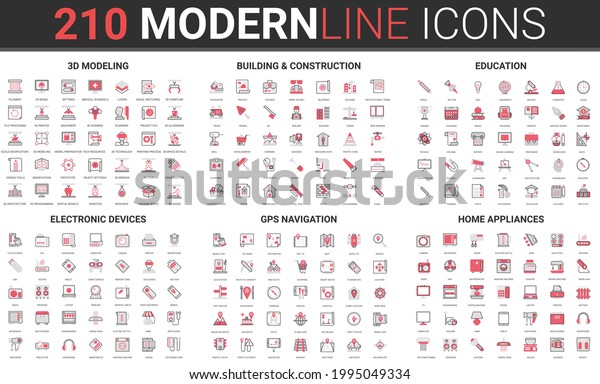 Building construction, home appliances\
electronic devices, gps navigation thin red black line icon vector\
illustration set. Outline professional 3d modeling engineering\
process, education\
technology