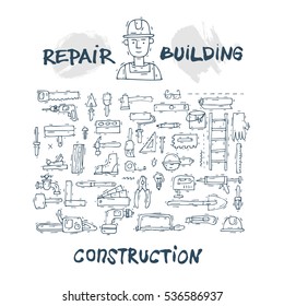 Building, construction and home repair tools. Instruments, engineering tools, industry equipments, painting. Set of icons. Hand drawn vintage style. Flat design vector illustration.