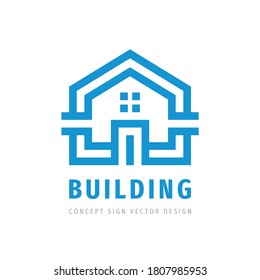 Diseño del logo del concepto de casa de construcción. Signo de icono de administración de propiedades inmobiliarias. Ilustración vectorial. 