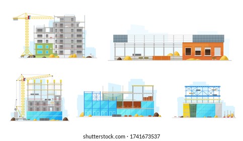 Building construction of house, store or warehouse isolated vector icons. Working cranes put a stone blocks on facade with building materials and sand around. Urban architecture build process