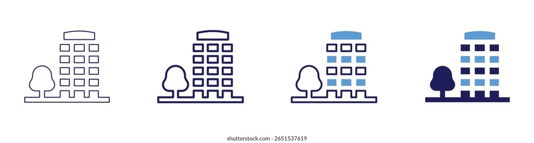 Ícone de construção de edifício em 4 estilos diferentes. Linha Fina, Linha, Linha Negrito, Duotônico. Estilo duotônico. Traçado editável.