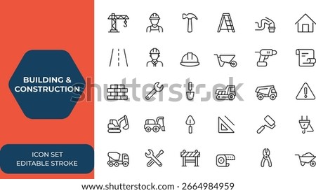 Building and construction icon collection with editable stroke. Thin line construction vector icons set. Professional illustration for architecture, engineering, project, design, industry and more.
