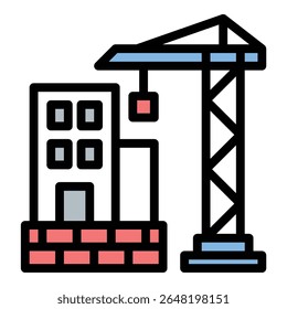 ícone de construção de edifício ilustração de estilo de linha plana representando o desenvolvimento estrutural e processos de engenharia, adequado para arquitetura, imóveis e visuais de projeto de construção