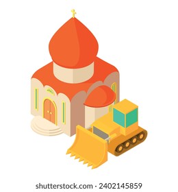 Building construction icon isometric vector. Construction bulldozer near church. Reconstruction, renovation