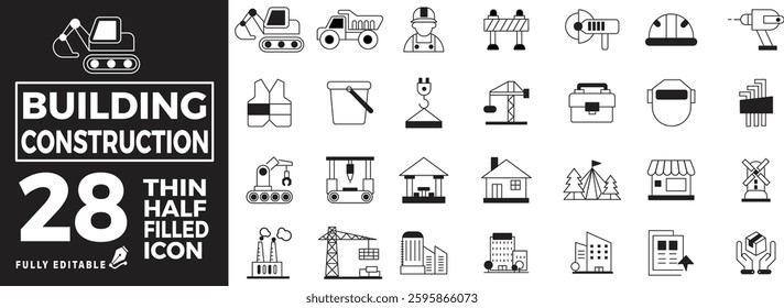 Building Construction icon set with editable stroke. Building and construction thin line icon collection. Vector illustration