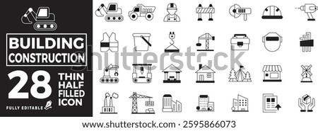 Building Construction icon set with editable stroke. Building and construction thin line icon collection. Vector illustration