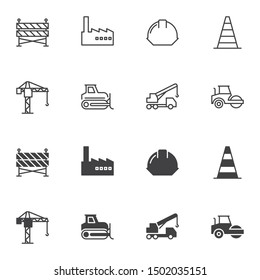 Building and construction icon set, line and glyph version, outline and filled vector sign. linear and full pictogram. Symbol, logo illustration. Set includes icons as safety helmet, crane, excavator