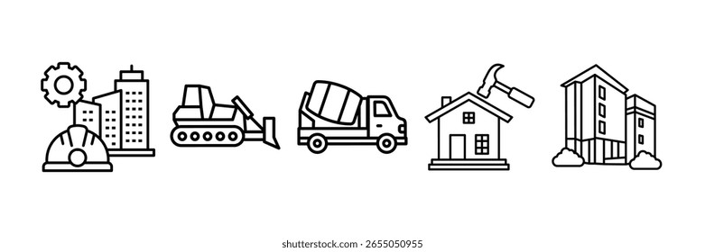Gebäude Bau Icon Set Multiple Style Collection, Enthaltene Design Bauingenieurwesen, Bulldozer, Zementmischer, Renovierung, Wohnung