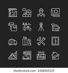 Building construction icon set, white lines on black background. Turnkey projects, apartments, houses. Construction tools and techniques. Customizable line thickness.