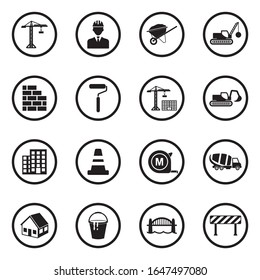 Building And Construction Icons. Black Flat Design In Circle. Vector Illustration.