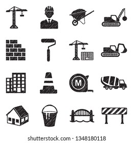 Building And Construction Icons. Black Scribble Design. Vector Illustration.