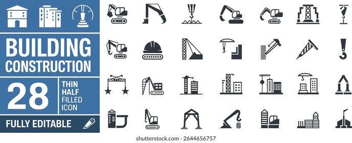 Building construction icons showing cranes and excavators isolated on white