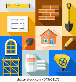 Building, construction, illustration. Color flat illustration on the theme of construction of buildings. Vector picture.  