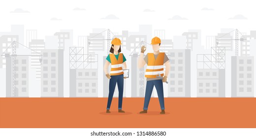 Building and construction industry cartoon background with workers. Construction Worker character vector design - Vector illustration