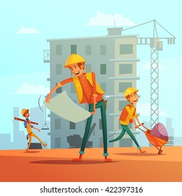 Building and construction industry cartoon background with workers tools and equipment vector illustration 