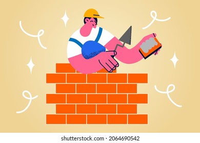 Building and construction industry concept. Young man worker cartoon character builder waring helmet building wall with bricks vector illustration 