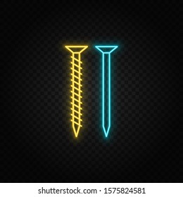 building, construction, industry, screw. Blue and yellow neon vector icon.