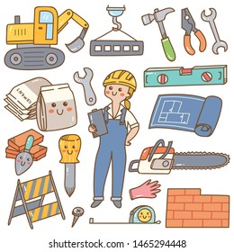 building and construction kawaii doodle with worker, tools and equipments 