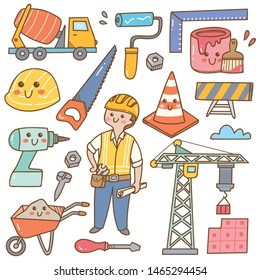 building and construction kawaii doodle with worker, tools and equipments 