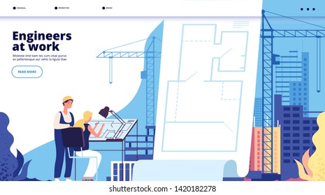 Building construction landing. Architects and construction workers. Architectural service business web page vector design. Illustration of architect construction, worker engineering, professional work