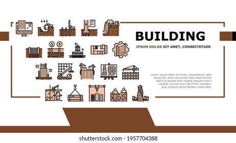 Building Construction Landing Web Page Header Banner Template Vector. Excavation And Footing Reinforcement, Columns Casting And Windows Installation, Building Process Illustration