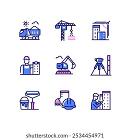 Building and construction - line design style icons set. Quality collection with machinery, truck, crane, analysis. Worker, excavator, geodetic research, finishing work, outfit, construction oversight