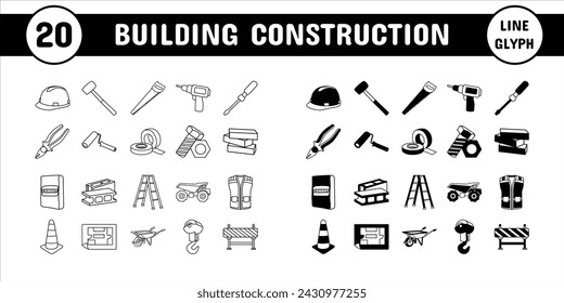 Building Construction Line Glyph Vector Illustration Icon Sticker Set Design Materials