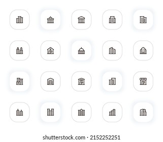Iconos de la línea de construcción y de construcción. Rascacielos, apartamento, casa, banco y otros botones. Pictogramas de contorno vectorial para web y ui, ux diseño de aplicaciones móviles. Stroke editable. 24x24 Pixel Perfecto.