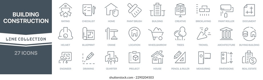 Building and construction linear signed icon collection. Signed thin line icons collection. Set of building and construction simple outline icons