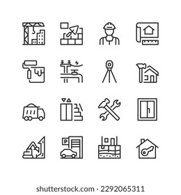 Building construction, linear style icons set. Turnkey construction. Apartment building and private house. Tools, technique. Editable stroke width