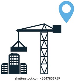 Vetor de ícone de local de construção de edifício, apontando um local de construção comercial ou industrial. Ideal para desenvolvimento urbano, mapeamento de projetos, visitas locais e análise de propriedades de investimento.