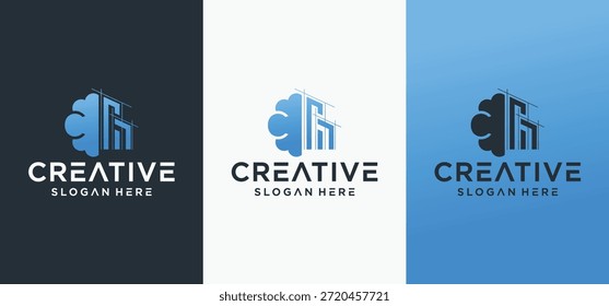Design-Konzept für das Logo des Gebäudebaus, modernes Logo des Architekten mit Gehirn- und Gebäudekonzept.	