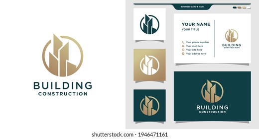 Diseño del logo de construcción de edificios con color de estilo dorado. Elegante logo de edificio y diseño de tarjeta de visita. Vector Premium