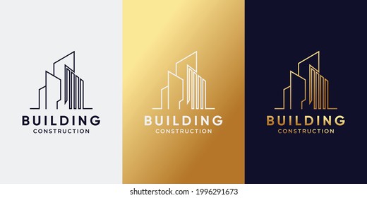 Diseño del logo de construcción con arte de línea y color de gradiente dorado