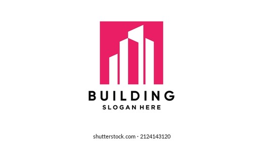 Diseño del logo de construcción de edificios con el concepto de espacio negativo