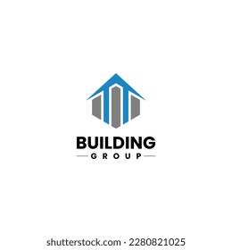 Logo de construcción de edificios. Forma de hexágono. Plantilla de vector