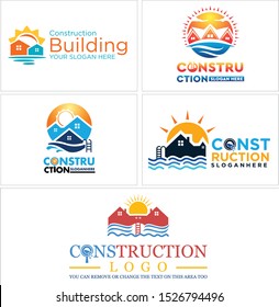 Building construction logo with home sun wave water swimming pool yellow blue illustration vector suitable for repair service company holiday recreation