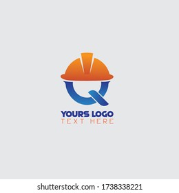 Building construction logo, safety helmet in construction site. Blue and orange color logo, Q letter logo 